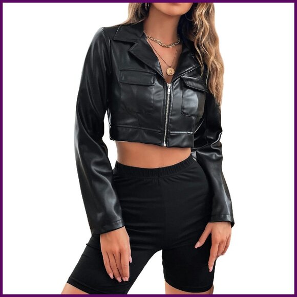 Soft PU Leather Cropped Jacket with Zipper and Pockets